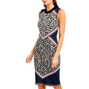 Vince Camuto Leopard Print Knit Sheath Dress In Blue Multi Size S NWT